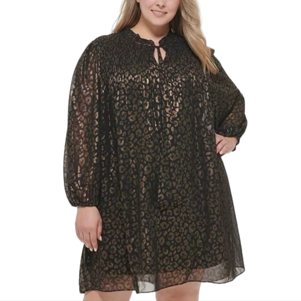 DKNY Plus Size Leopard-Print Tie-Neck Pleated Dress - Picture 5 of 12
